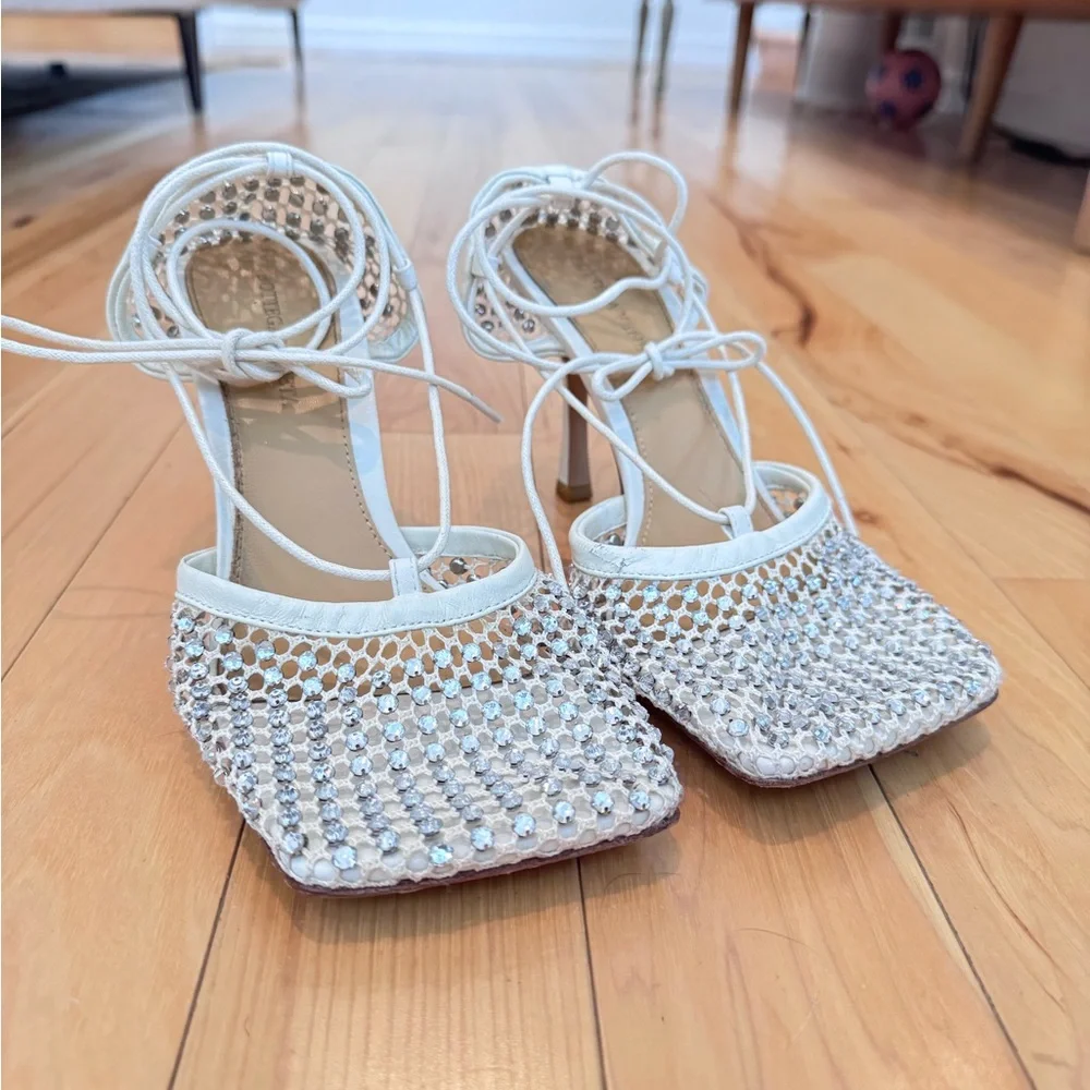 Bottega Veneta White Crystal Mesh Lace-Up Heels